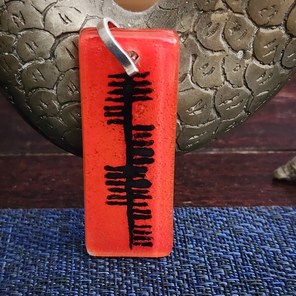 Red Modernist Ogham Fused Glass Bar Pendant
